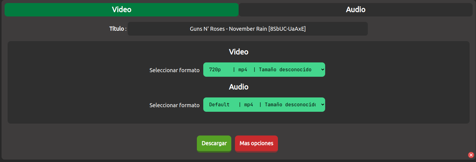 Opciones de de calidad del video y audio